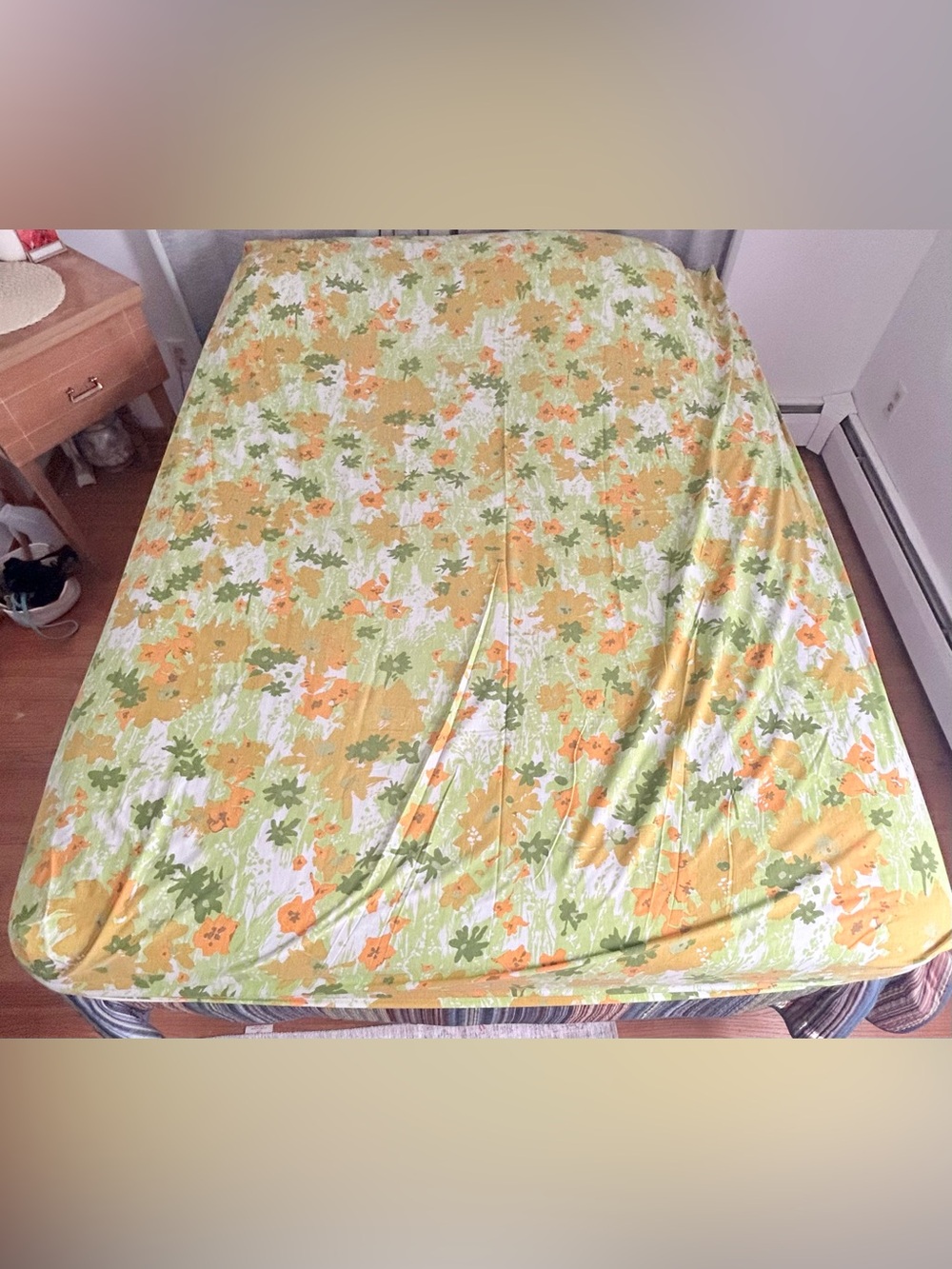Vintage Lazy Daisy Flower Power Fitted Sheet Green Yellow Orange 60” x 80”